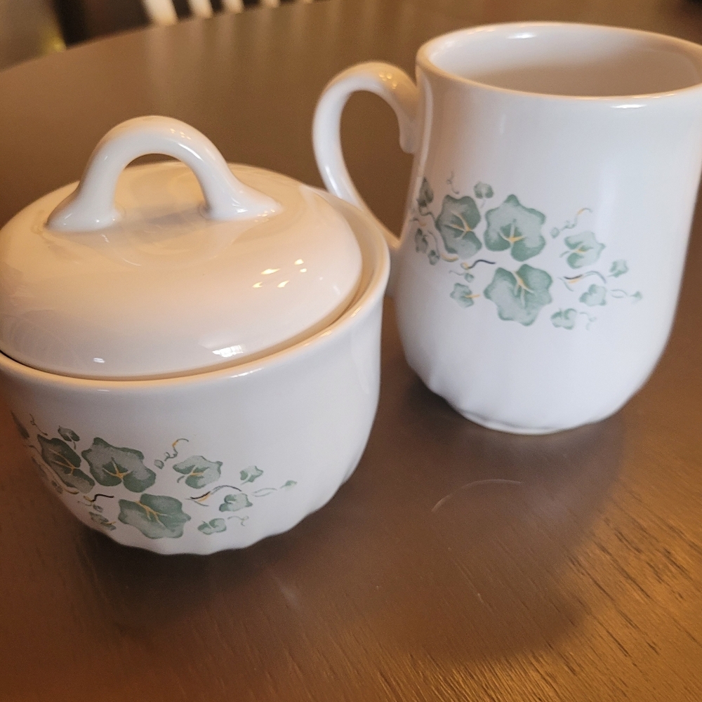 Corelle White Cream and Sugar Bowl with Green Floral Design